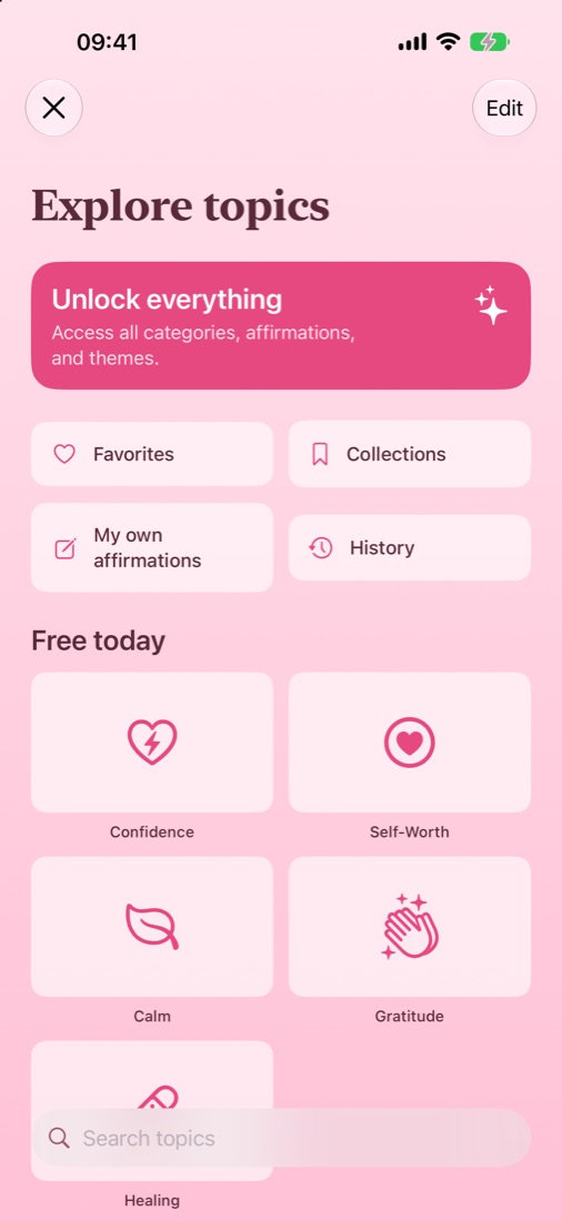 The Explore screen with favorites, collections and topics